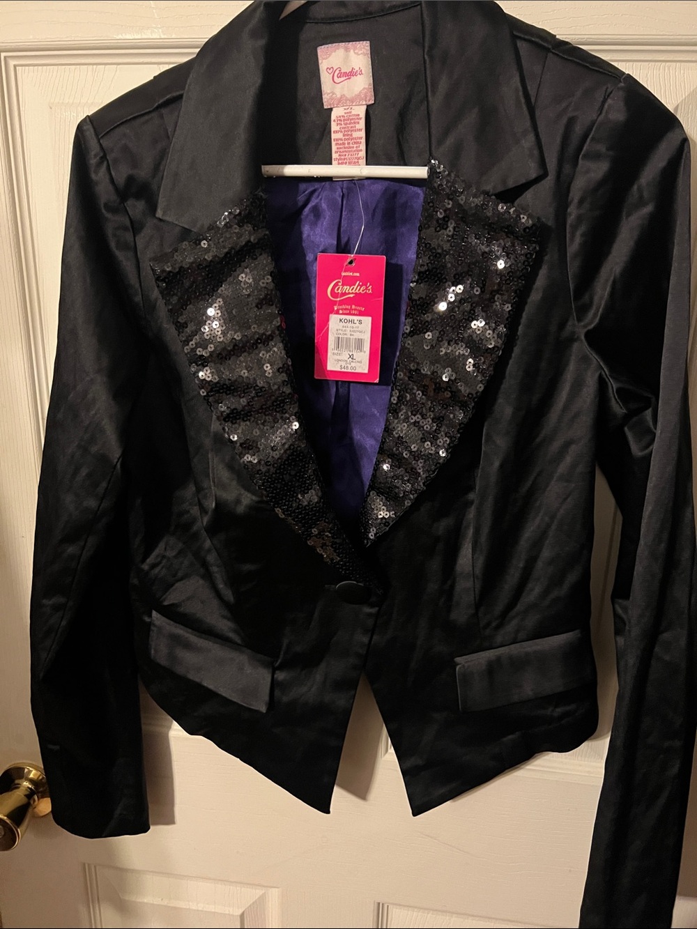 Candie's Black Satin Blazer with Sequin Lapels